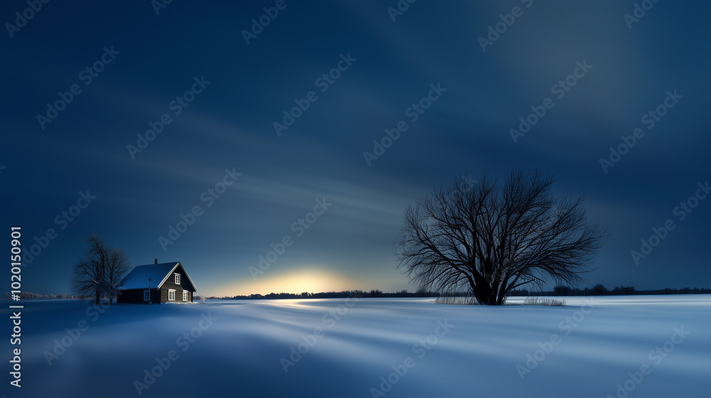 Obraz premium At dawn, under a dim sky with the rising sunlight in the background, a small house and a single tree stand in the middle of a vast field covered in white snow. Quiet and peaceful, winter landscape.