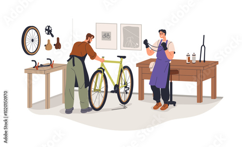 Bicycle repair shop. Men mechanics fixing and adjusting bike chain. Cycle maintenance service, work garage, workshop. Workers, repairmen. Flat vector illustration isolated on white background