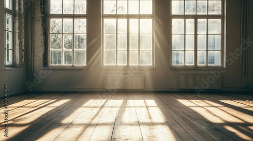 Minimalistic empty room with large windows, sunlight reflecting softly on the wooden floor