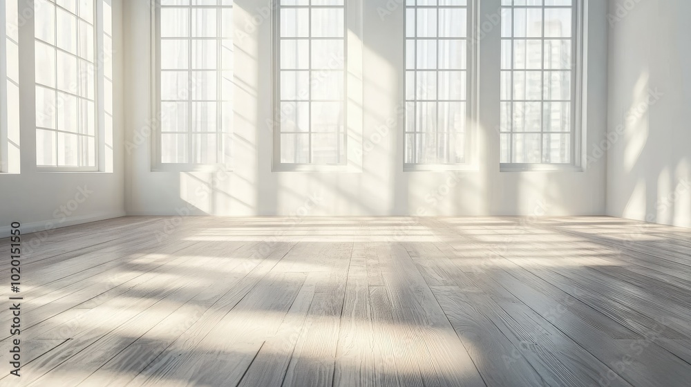 Obraz premium Minimalistic empty room with large windows, sunlight reflecting softly on the wooden floor