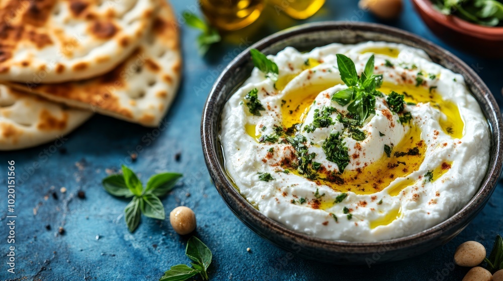 A bowl of creamy white dip with olive oil, herbs, and spices, served with pita bread on a blue surface. A bowl of creamy white dip with olive oil, herbs, and spices, served with pita bread on a blue surface.