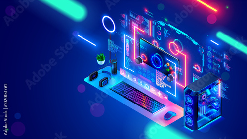 Computer video games development education for kids. Game design, gameplay of computer games. Isometric computer of game designer workplace. PC on desk with interface developer environment on screen.