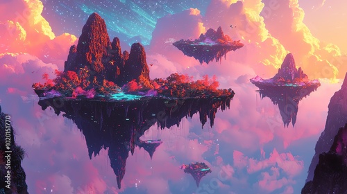 Surreal abstract landscape with floating islands and surreal colors photo