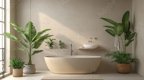 Modern bathroom in beige and white tones, featuring a bathtub, basin, and potted plants for a natural touch