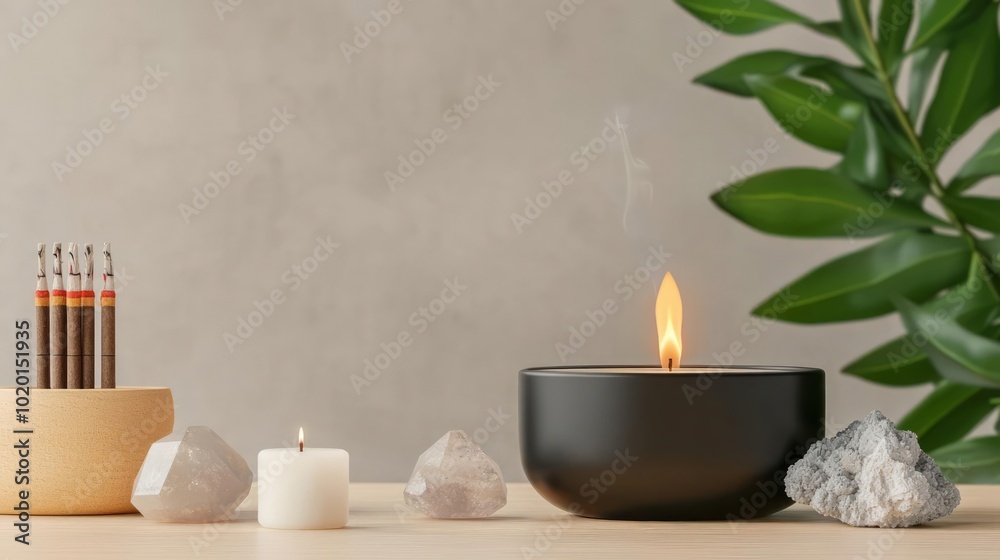 Calming workspace with candles, plants, and crystals creating a serene atmosphere perfect for relaxation. Calming workspace with candles, plants, and crystals creating a serene atmosphere perfect for relaxation.