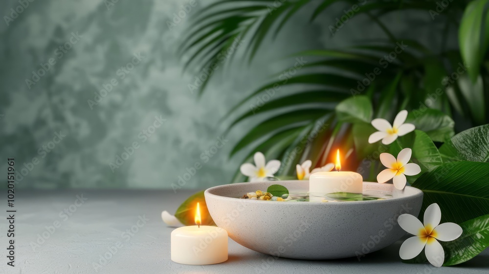 Calming spa scene with candles, flowers, and green leaves on a serene surface. Calming spa scene with candles, flowers, and green leaves on a serene surface.