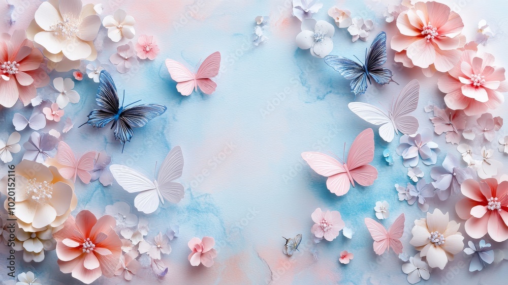 Paper Flowers and Butterflies on a Blue and Pink Background Paper Flowers and Butterflies on a Blue and Pink Background