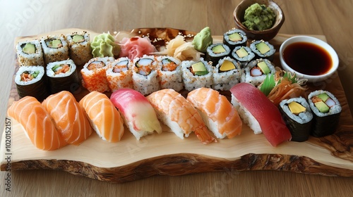 Sushi platter with nigiri, maki, and sashimi. photo