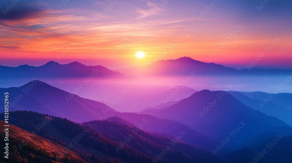 A breathtaking sunrise over a mountain range, with the sun casting a warm glow on the misty peaks. A breathtaking sunrise over a mountain range, with the sun casting a warm glow on the misty peaks.