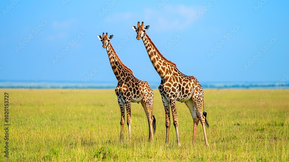 Fototapeta premium Two giraffes standing in a lush green savanna landscape