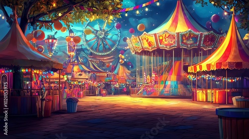 Vibrant carnival scene with colorful tents and festive lights.