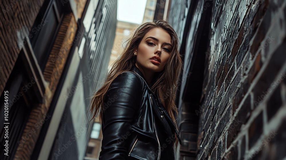 Fototapeta premium Young woman in a leather jacket in a narrow alley.