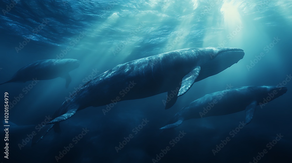 Obraz premium Underwater scene featuring three whales swimming in serene blue light.