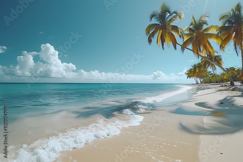 Tropical Paradise Beach with Palm Trees and Turquoise Ocean for Relaxation and Travel Inspiration