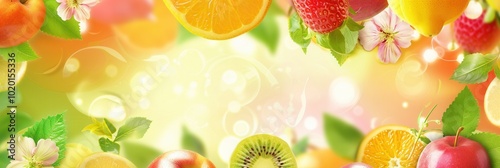 Fresh fruits like strawberries, oranges, and kiwis are beautifully arranged with bright flowers against a sunny, colorful background. Generative AI