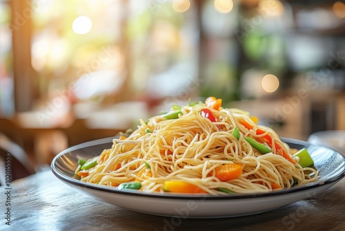 Un plato de fideos con verduras frescas servido bajo la luz del sol en un ambiente de restaurante casual. Los colores vibrantes resaltan los ingredientes.