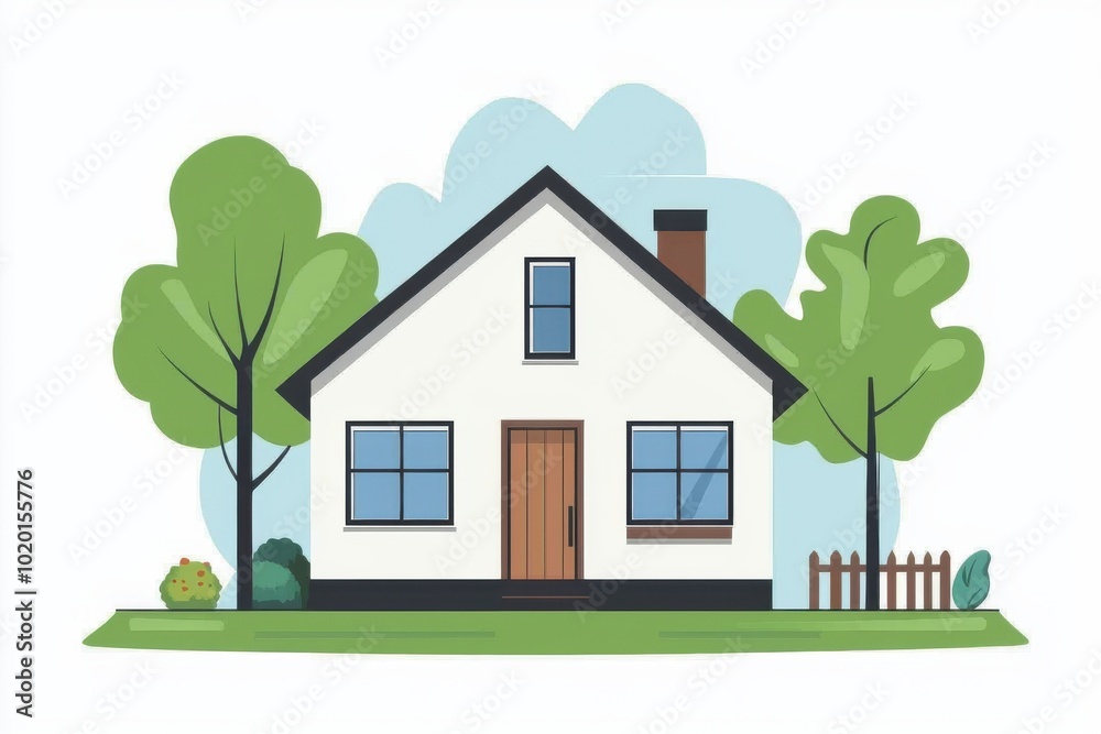 A charming house illustration surrounded by trees, showcasing a lovely, inviting home in a simple, scenic environment. A charming house illustration surrounded by trees, showcasing a lovely, inviting home in a simple, scenic environment.