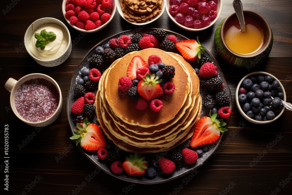 Delicious Stack of Pancakes with Berries and Toppings