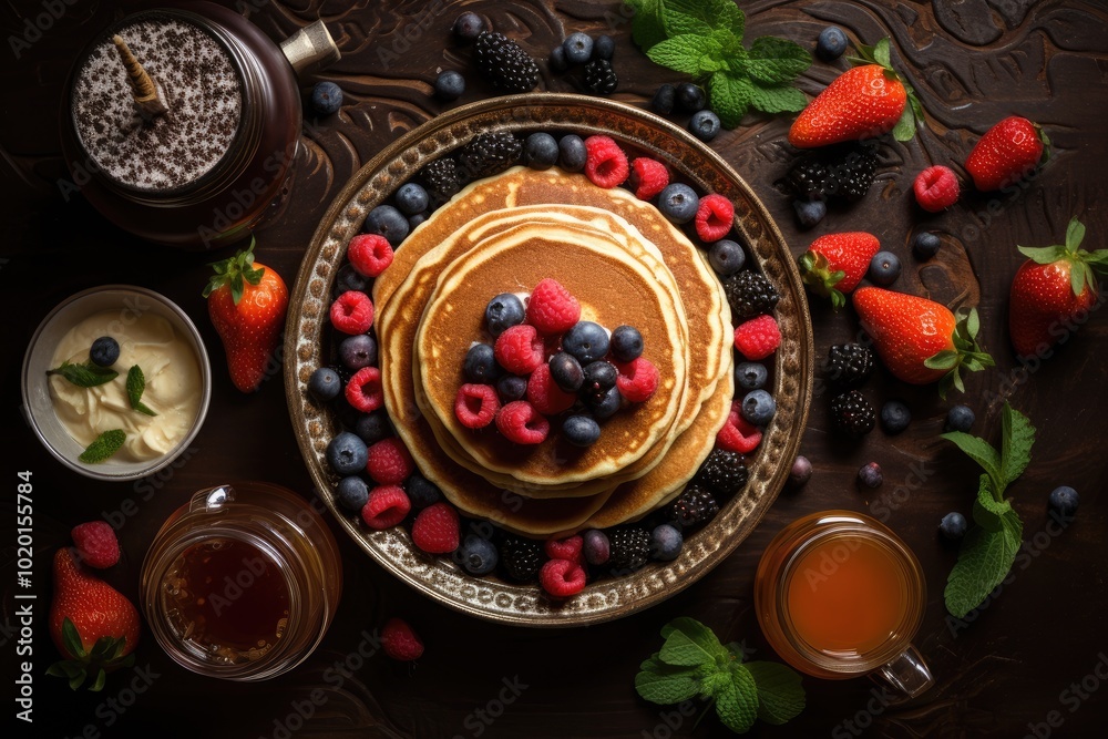 Delicious Pancakes with Fresh Berries and Mint Garnish Delicious Pancakes with Fresh Berries and Mint Garnish