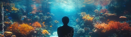 Rear view of a figure gazing into a vibrant underwater utopia, surreal lighting illuminating exotic marine life photo