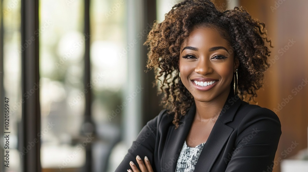Confident Businesswoman Smiling in Modern Office Setting Confident Businesswoman Smiling in Modern Office Setting