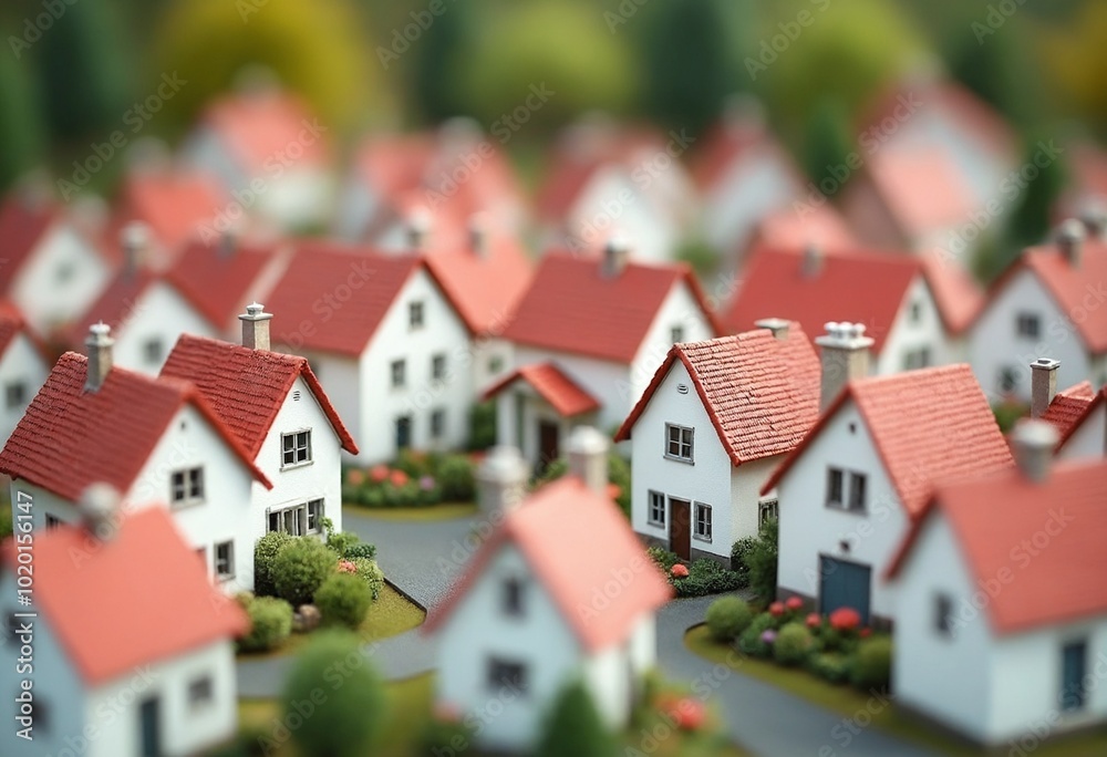 Miniature model village with white houses and red roofs displaying a quaint and charming community setting Miniature model village with white houses and red roofs displaying a quaint and charming community setting