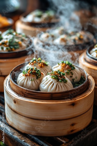 Dumplings al vapor decorados con cebollino y vegetales, servidos en una cesta de bambú.