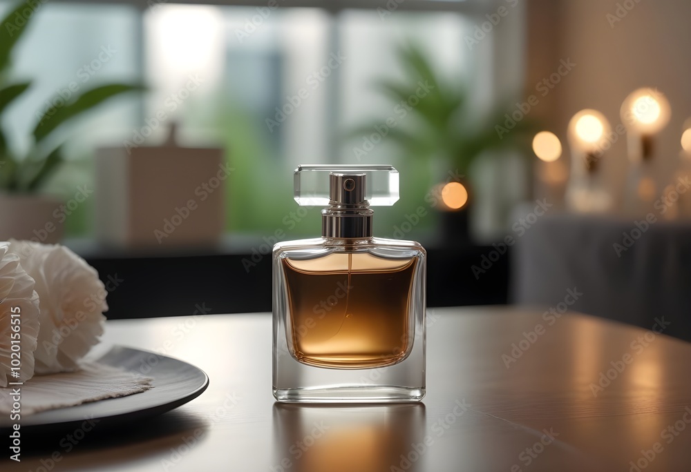 A glass bottle of perfume on a table with a blurred background of a glass and other objects A glass bottle of perfume on a table with a blurred background of a glass and other objects