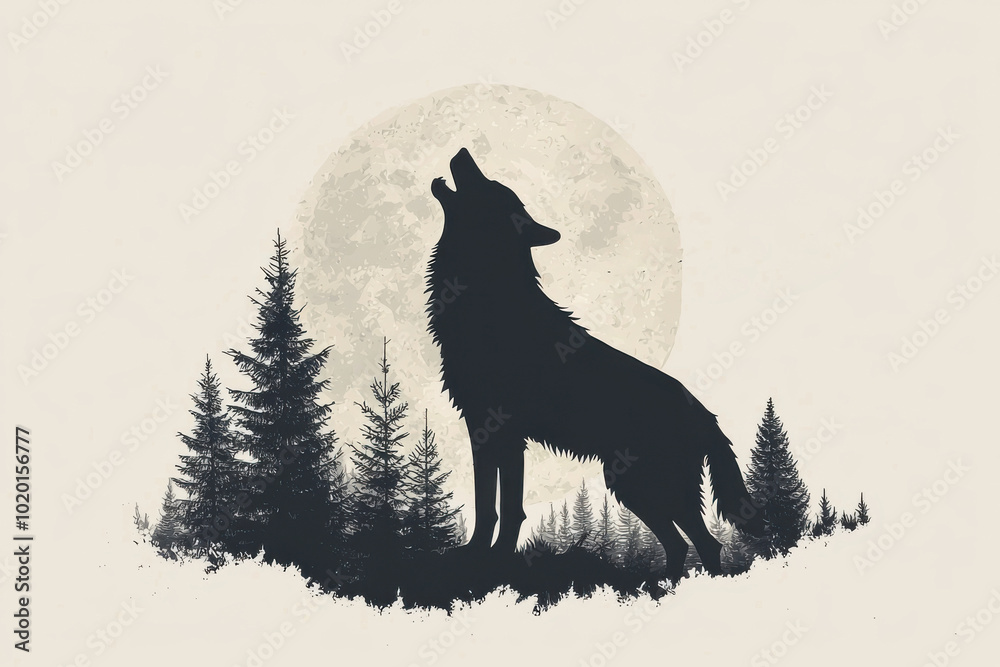 Fototapeta A majestic wolf howling against a full moon amidst silhouetted trees and flying birds, capturing the essence of wilderness.