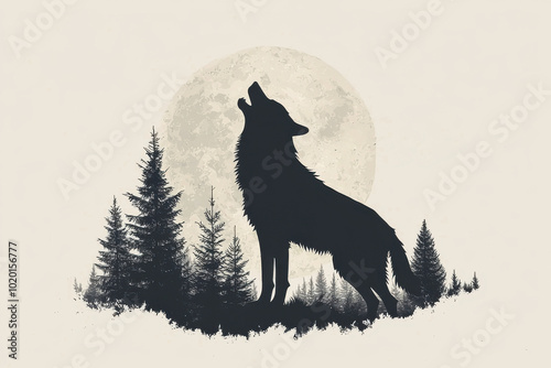 A majestic wolf howling against a full moon amidst silhouetted trees and flying birds, capturing the essence of wilderness.