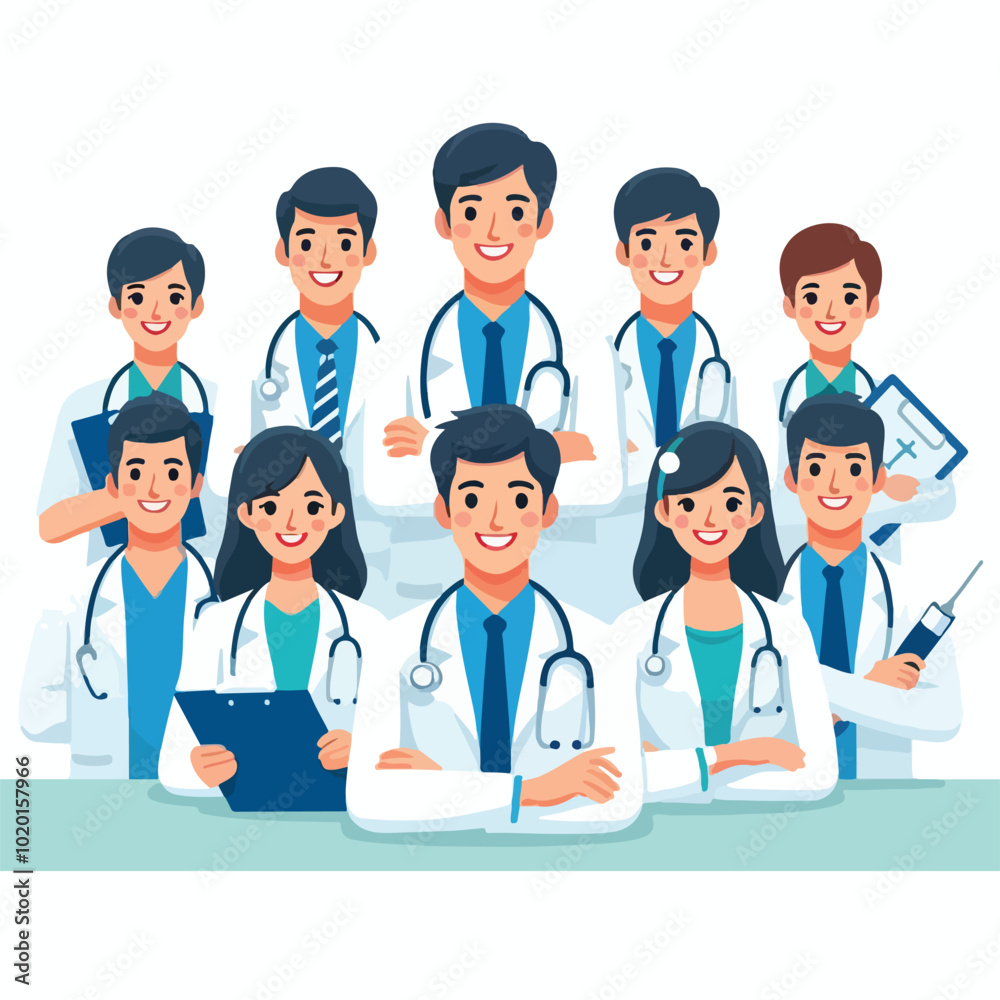Set of smiling doctors, nurses and paramedics. Portraits of male and female medic workers in uniform with stethoscopes, masks and gloves. Flat cartoon vector illustration isolated on white background Set of smiling doctors, nurses and paramedics. Portraits of male and female medic workers in uniform with stethoscopes, masks and gloves. Flat cartoon vector illustration isolated on white background