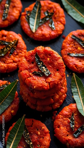 Spicy Rice Patties Garnished with Neem Leaves photo