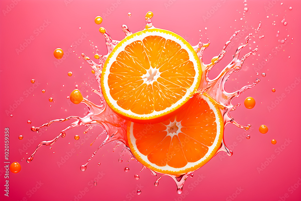 illustration of fresh orange fruit and liquid splashing on the pink background. illustration of fresh orange fruit and liquid splashing on the pink background.