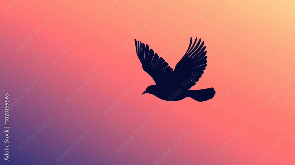 Obraz premium A silhouette of a bird flying against a colorful gradient background, evoking freedom and serenity in nature.