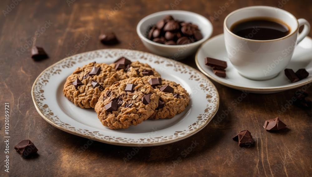 Plate of chocolate chip cookies with coffee and chocolate pieces in the background Plate of chocolate chip cookies with coffee and chocolate pieces in the background