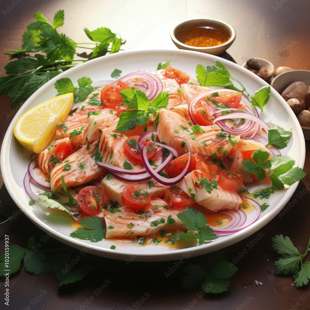 Traditional Peruvian Ceviche with Fresh Raw Fish and Lime Juice Marination Traditional Peruvian Ceviche with Fresh Raw Fish and Lime Juice Marination