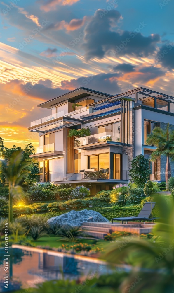 A luxurious eco-friendly house with solar panels, bathed sunset light, surrounded by lush greenery. A luxurious eco-friendly house with solar panels, bathed sunset light, surrounded by lush greenery.
