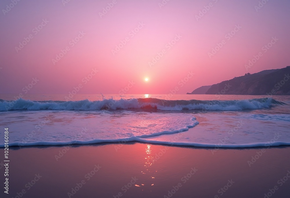 Obraz premium Pink Sunset with Gentle Ocean Waves at the Shore