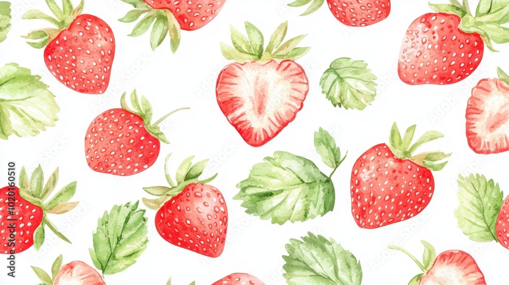 A vibrant watercolor pattern featuring fresh strawberries and green leaves on a white background, perfect for food-themed designs.