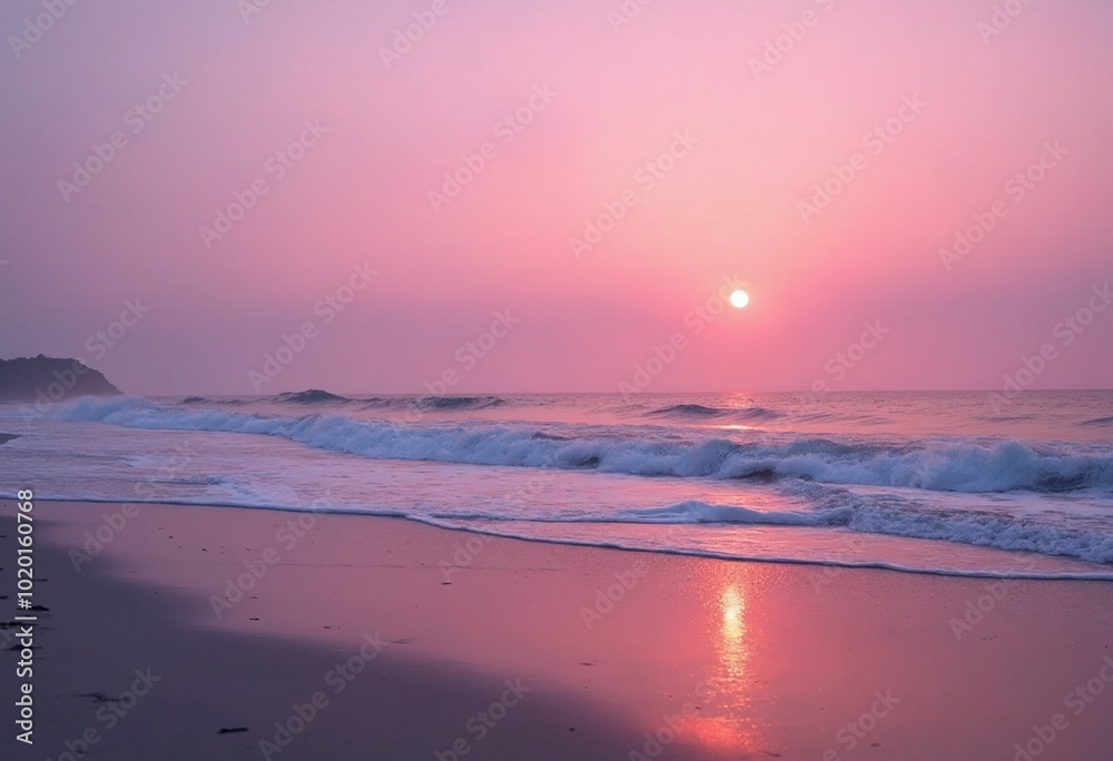Pink Sunset with Gentle Ocean Waves at the Shore Pink Sunset with Gentle Ocean Waves at the Shore