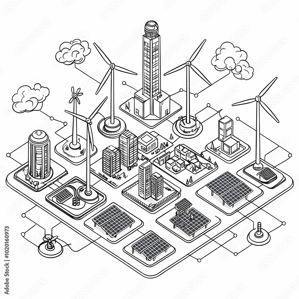 Hand-Drawn Sustainable Energy Grid Concept with Wind Turbines Hand-Drawn Sustainable Energy Grid Concept with Wind Turbines