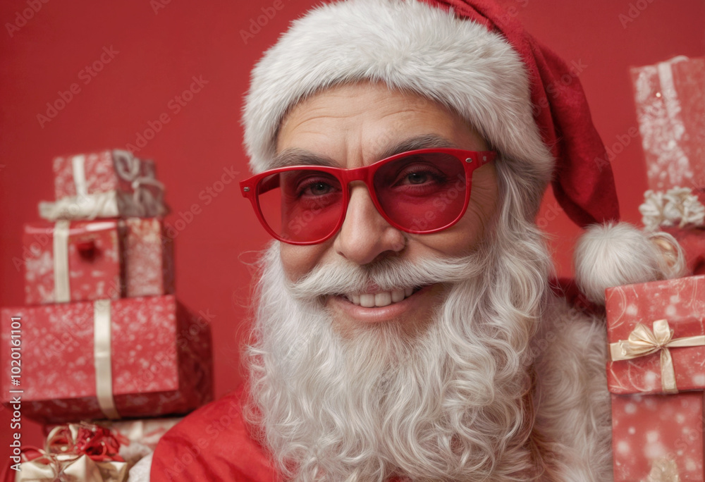 smiling fashion santa in sunglasses at red background with presents smiling fashion santa in sunglasses at red background with presents