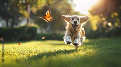 Full-length shot of a dog chasing a butterfly across a green lawn, capturing the joy of summer playtime. photo