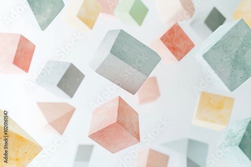 Colorful blocks float against a serene background, creating a dynamic yet soothing visual composition perfect for modern design themes.