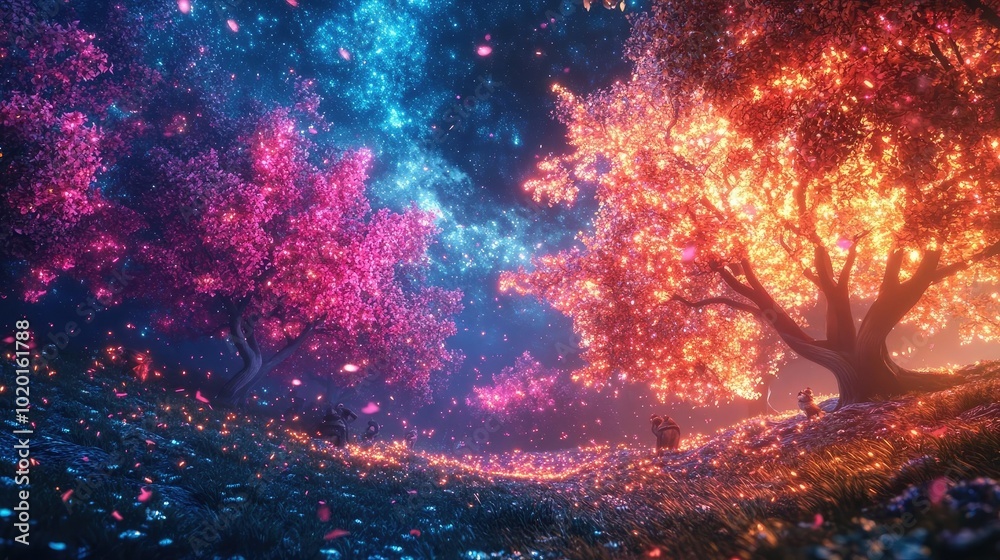 Obraz premium Tilted angle view of a vibrant fantasy forest, magical creatures tending to glowing trees, starlit sky above