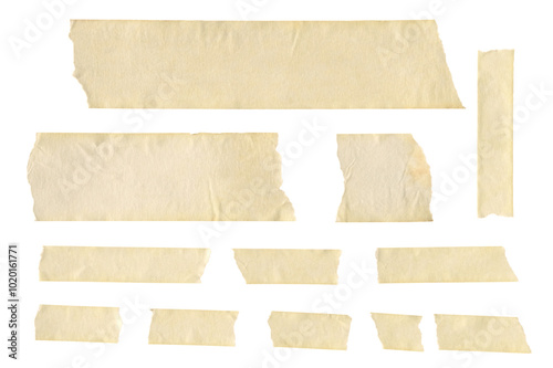 Various strips of masking tape and adhesive materials with semi-transparent qualities for crafting needs. Sticky scotch, duct paper. Isolated.