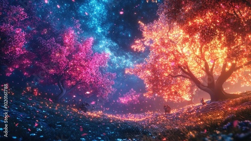 Tilted angle view of a vibrant fantasy forest, magical creatures tending to glowing trees, starlit sky above