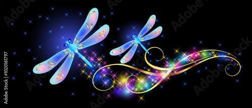 Flying blue dragonfly with sparkle and blazing trail and glowing sparkle stars  in cosmic space. Animal protection day concept or birthday card.