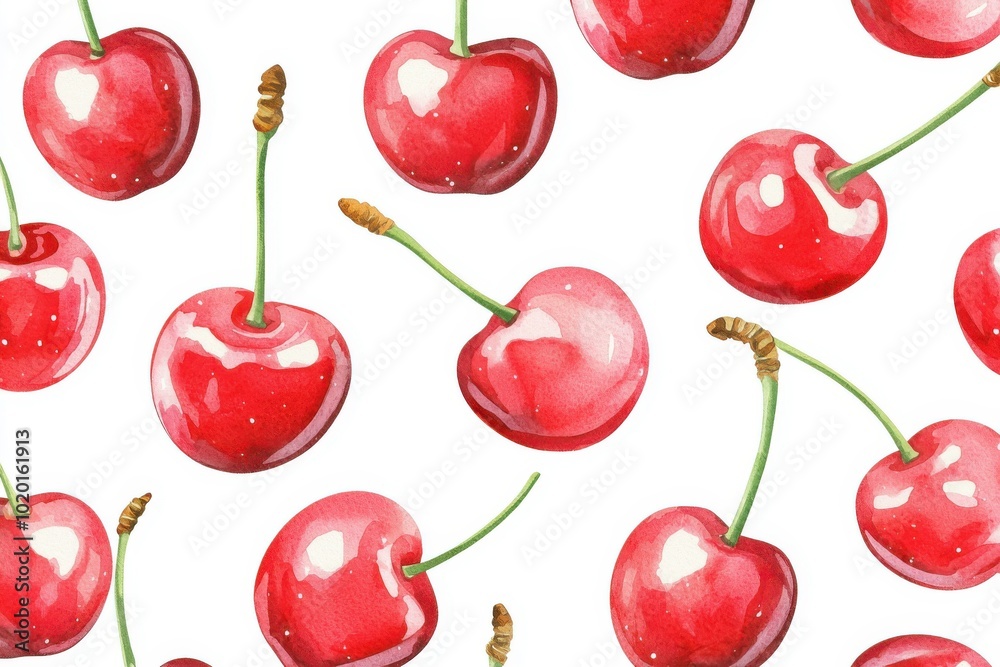 Colorful pattern of fresh cherries on a white background, perfect for summer themes and culinary designs. Colorful pattern of fresh cherries on a white background, perfect for summer themes and culinary designs.