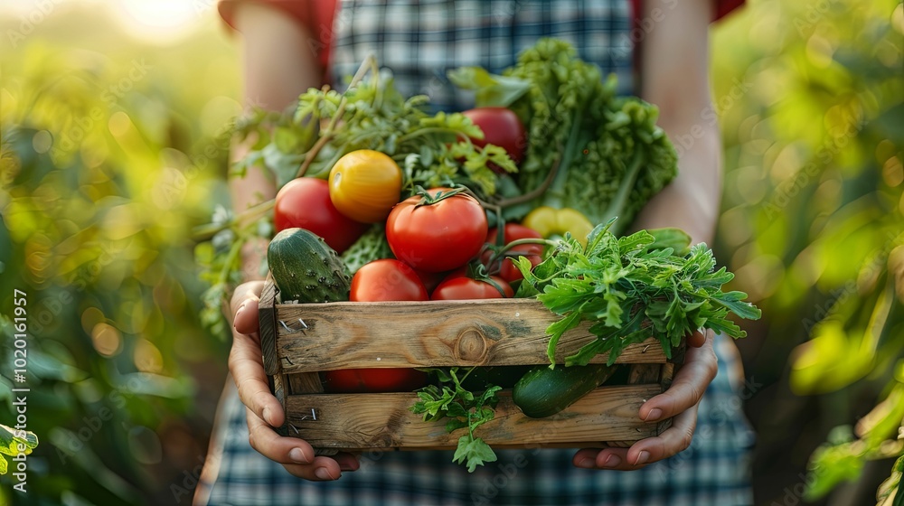 A Farmer's Hands Holding a Wooden Crate Filled with Freshly Picked Tomatoes, Cucumbers, and Herbs A Farmer's Hands Holding a Wooden Crate Filled with Freshly Picked Tomatoes, Cucumbers, and Herbs